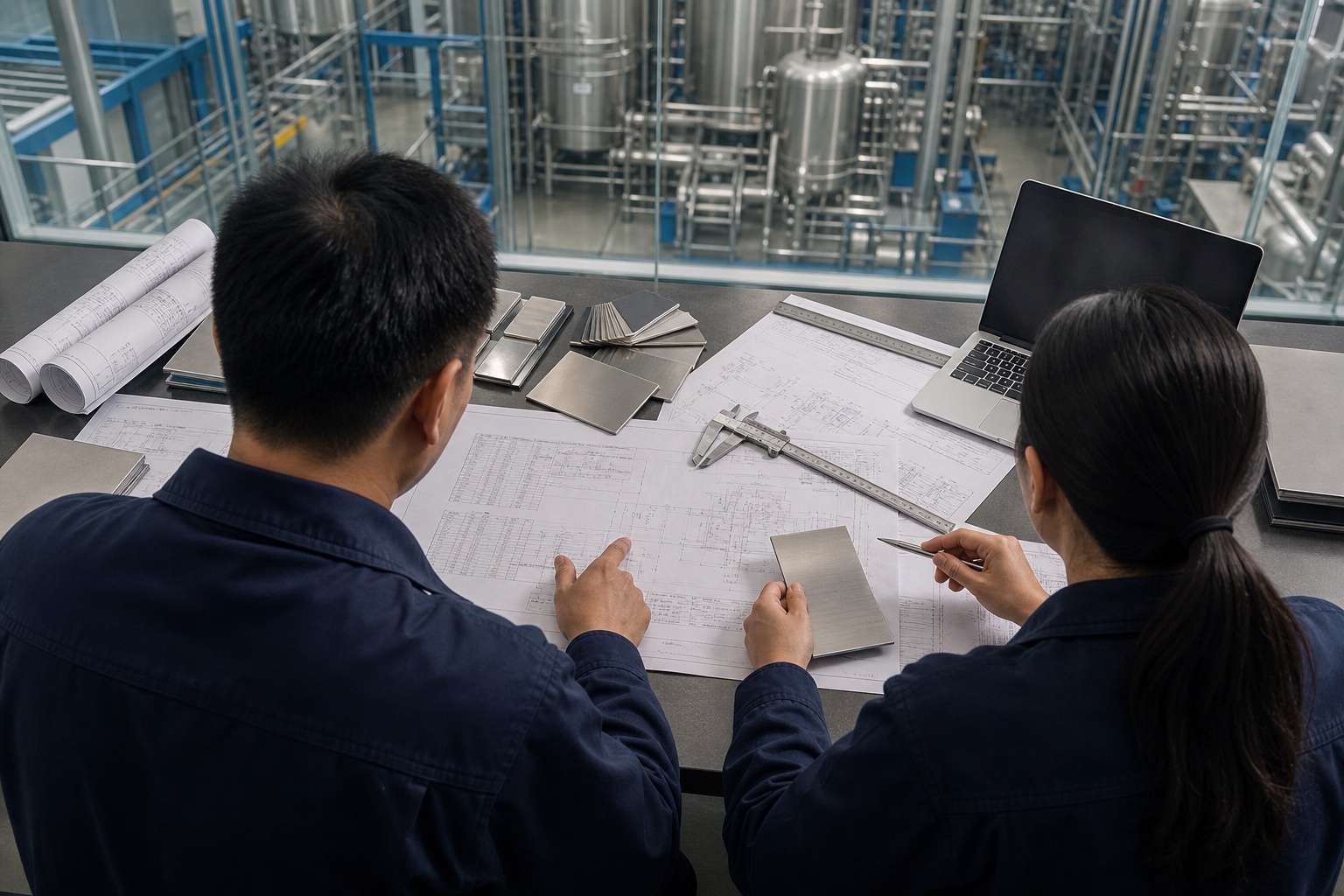 采购与工程人员核对图纸和不锈钢样板的通用场景示意