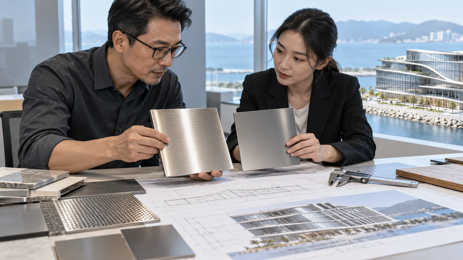 采购人员与建筑师结合海边项目模型比较不锈钢表面样板的场景示意