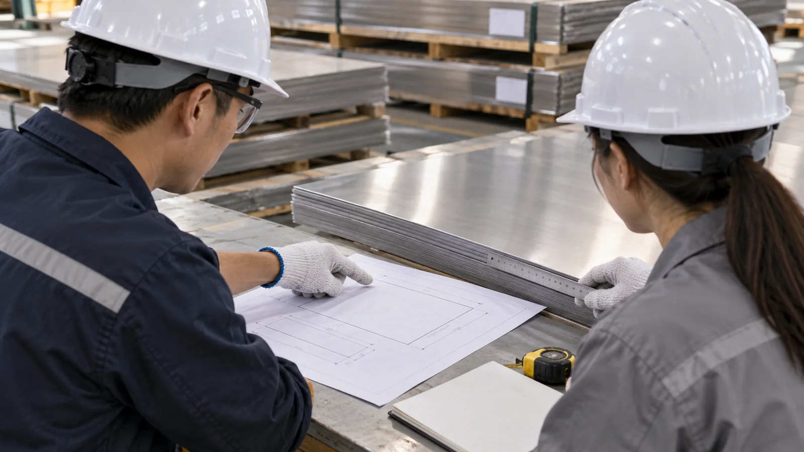 采购与质量人员对照图纸核对不锈钢定尺尺寸和加工余量的场景示意